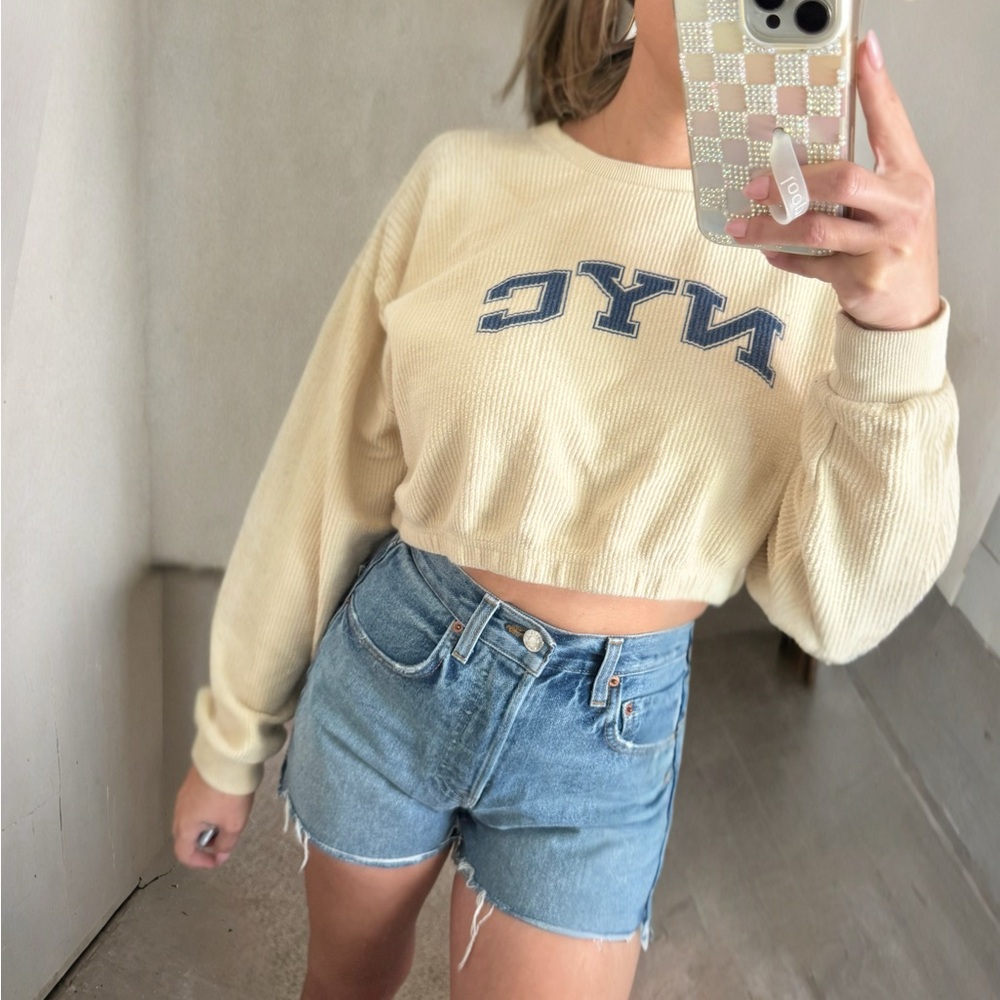 NYC Cropped Sweatshirt Cream Waffle Knit Pullover